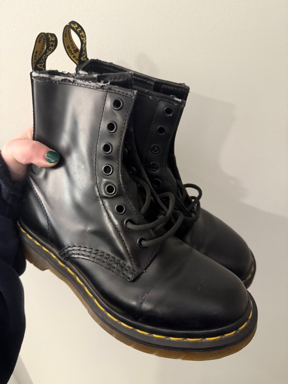 Dr. Martens Black Leather 8-Eye Boots with Yellow Stitching Accents